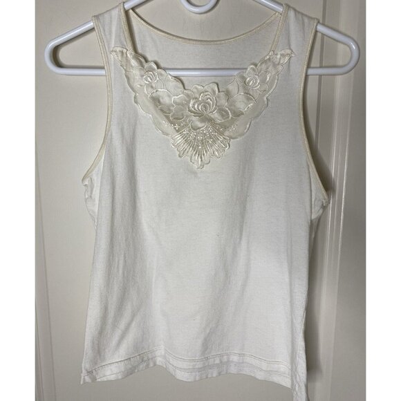 Vintage Ivory Embroidered Cami Tank Top Size M Made in USA - Picture 1 of 7